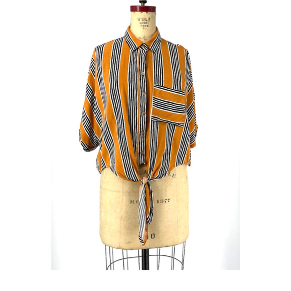 Polly & Esther Orange Striped Boxy Short Sleeve Tie Front Shirt Size Large L - Picture 5 of 9